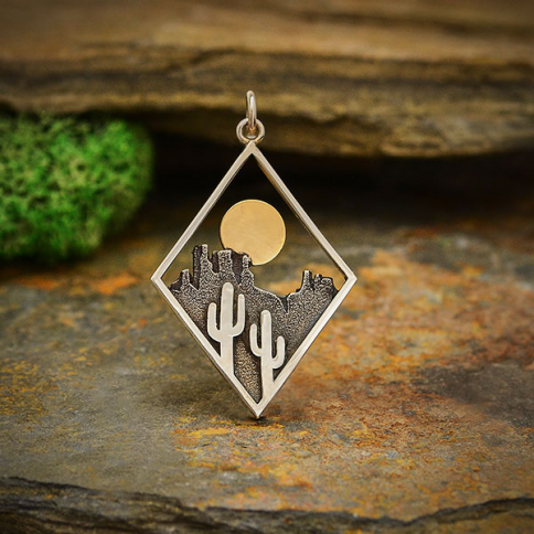  Sterling Silver Cactus Charm in Diamond Frame 