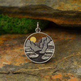 Sterling Silver Layered Canyon Charm with Bronze Sun 22x16mm