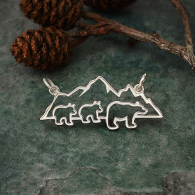 Sterling Silver Mama and 2 Baby Bear Pendant Festoon 14x32mm