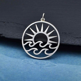 Sterling Silver Openwork Sun Pendant with Waves 30x25mm