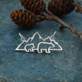 Sterling Silver Mama and 1 Baby Bear Pendant Festoon 14x28mm