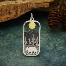 Sterling Silver Rectangle Bear Charm with Bronze Sun 33x13mm