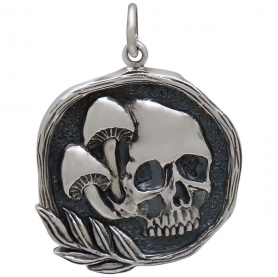 Sterling Silver Skull Pendant with Mushrooms