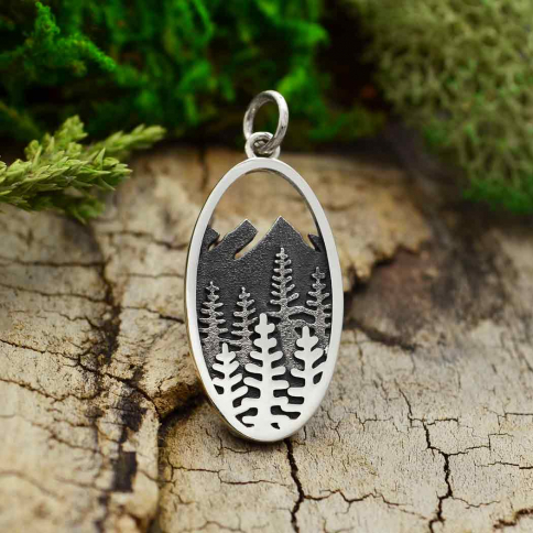 Sterling Silver Layered Tree and Mountain Oval Charm
