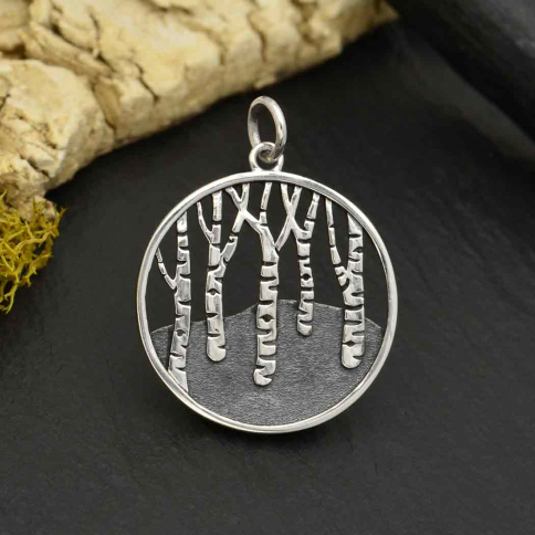 Sterling Silver Birch Tree Forest Pendant 26x20mm