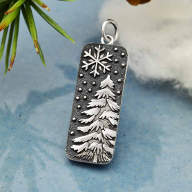 Sterling Silver Snowy Tree and Snowflake Pendant 30x10mm