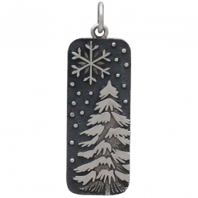 Sterling Silver Snowy Tree and Snowflake Pendant 30x10mm