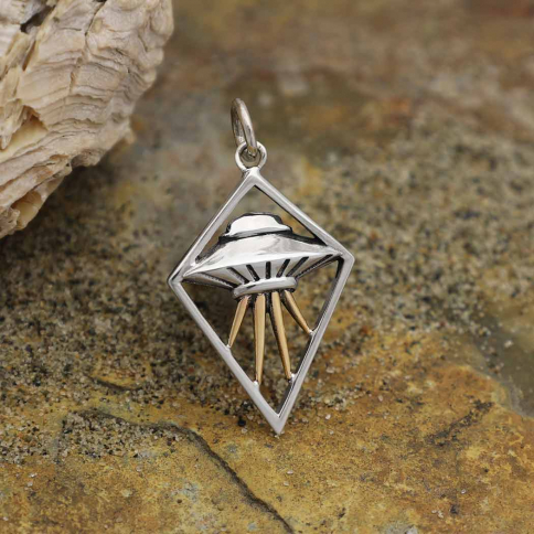 Sterling Silver Flying Saucer Charm w/ Bronze Beams 26x15mm