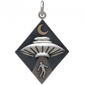 Silver Alien Abduction UFO Pendant with Bronze Moon 27x18mm