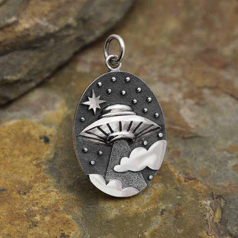 Sterling Silver UFO in Clouds Pendant 26x15mm