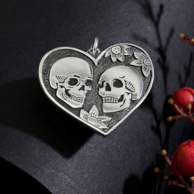 Sterling Silver Skull Lovers in Heart Pendant 24x22mm