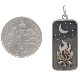 Mixed Metal Campfire under the Moon Charm 28x11mm next to dime