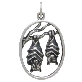 Sterling Silver Mom and Baby Bat Pendant Front View