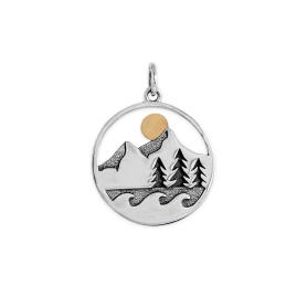 Mixed Metal Mountain Trees and Waves Layered Pendant 24x18mm