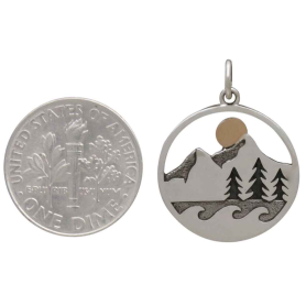 Mixed Metal Mountain Trees and Waves Layered Pendant with Dime