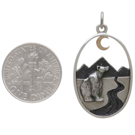 Silver Bear with Mountains and Bronze Moon Charm with Dime