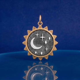 Mixed Metal Moon and Stars Pendant in Sun Frame on dark blue background