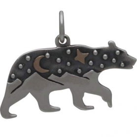 Silver Bear Charm with Mountains and Bronze Moon