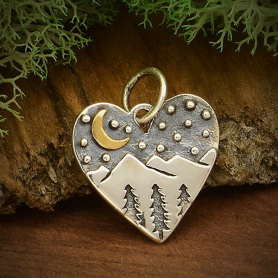 Silver Heart Charm with Mountains and Bronze Moon 16x13mm