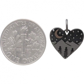 Silver Heart Charm with Mountains and Bronze Moon