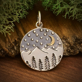 Silver Mountain Charm with Trees and Bronze Moon 21x15mm