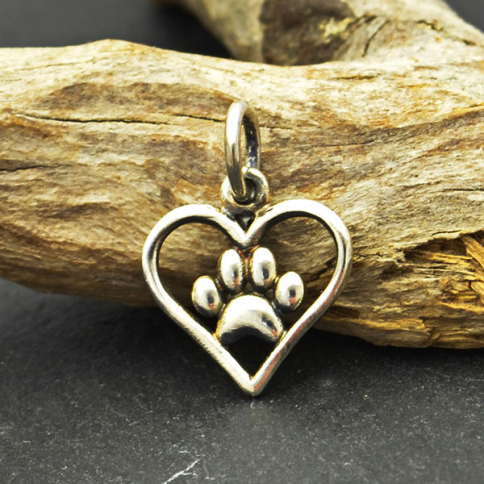 Sterling Silver Openwork Heart Charm with Paw Print