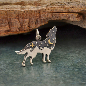 Sterling Silver Wolf Charm with Bronze Star and Moon 17x20mm