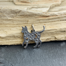Sterling Silver Cat Charm with Bronze Star and Moon 17x16mm