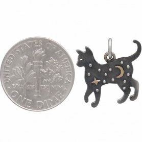 Sterling Silver Cat Charm with Bronze Star and Moon