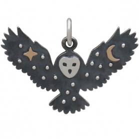 Sterling Silver Owl Charm with Bronze Star and Moon