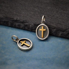 Sterling Silver Shadow Box Charm with Bronze Cross 16x9mm