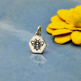 Sterling Silver Hexagon Charm with Etched Bee 15x10mm
