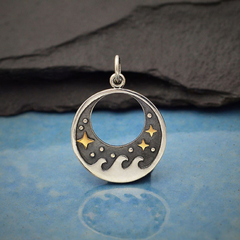 Sterling Silver Wave Charm with Bronze Stars 23x17mm