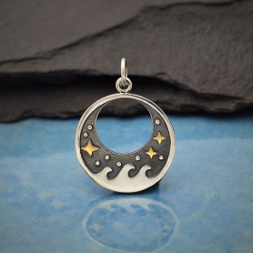 Sterling Silver Wave Charm with Bronze Stars 23x17mm