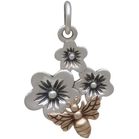 Silver Triple Cherry Blossom Charm with Bronze Bee on white background