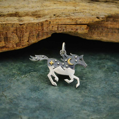Silver Horse Charm with Mountains and Bronze Moon 20x25mm