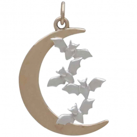 Bronze Moon and Charm w/ Sterling Silver Flying Bats Front View