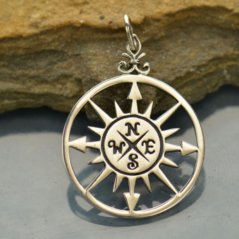 Sterling Silver Compass Rose Pendant 30x20mm