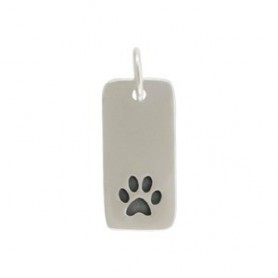 Sterling Silver Paw Print Charm on Rectangle Tag 18x7mm