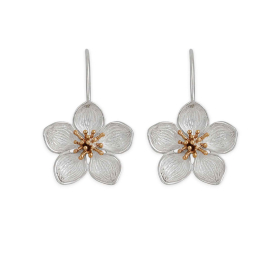 Mixed Metal Dimensional Cherry Blossom Hook Earrings 26x16mm