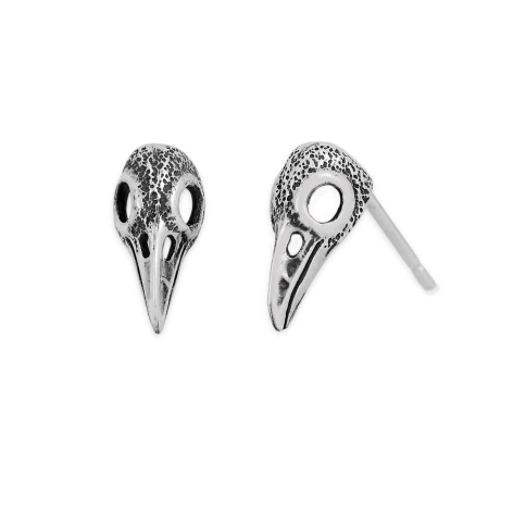Sterling Silver Small Raven Skull Stud Earrings 11x5mm