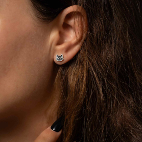 Sterling Silver Black Cat Face Post Earrings 7x8mm on model