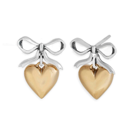 Silver Bow Post Earrings with Bronze Heart Dangle 18x14mm