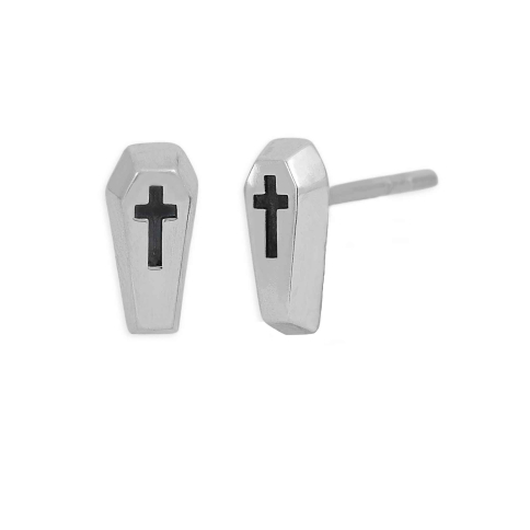Sterling Silver Coffin with Cross Stud Earrings 9x4mm