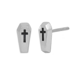 Sterling Silver Coffin with Cross Stud Earrings 9x4mm