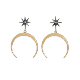 Silver Starburst Earring with Bronze Crescent Moon 39x27mm