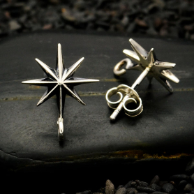 Silver Ridged Star Burst Earrings with Bottom Loop 15x3mm