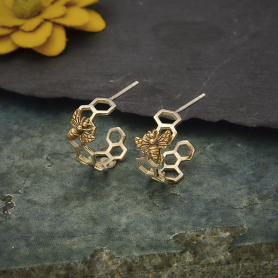 Silver Honeycomb Hoop Earring with Bronze Bee 17x15mm
