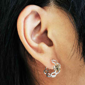 Silver Honeycomb Hoop Huggie Earring with Bronze Bee 17x15mm