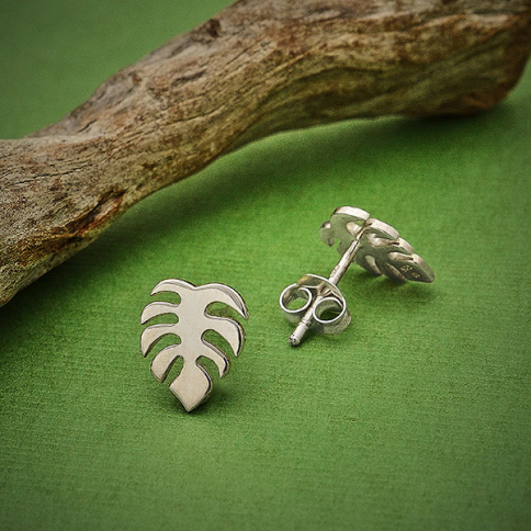  Sterling Silver Monstera Stud Earrings 10x8mm